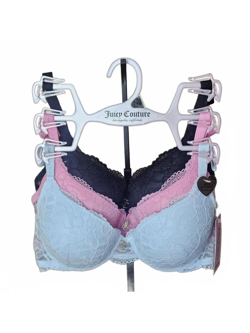 Juicy Couture 3 pc Extreme Push Up Bras Black Blue Pink "JC" Logo Charm 34B NWT